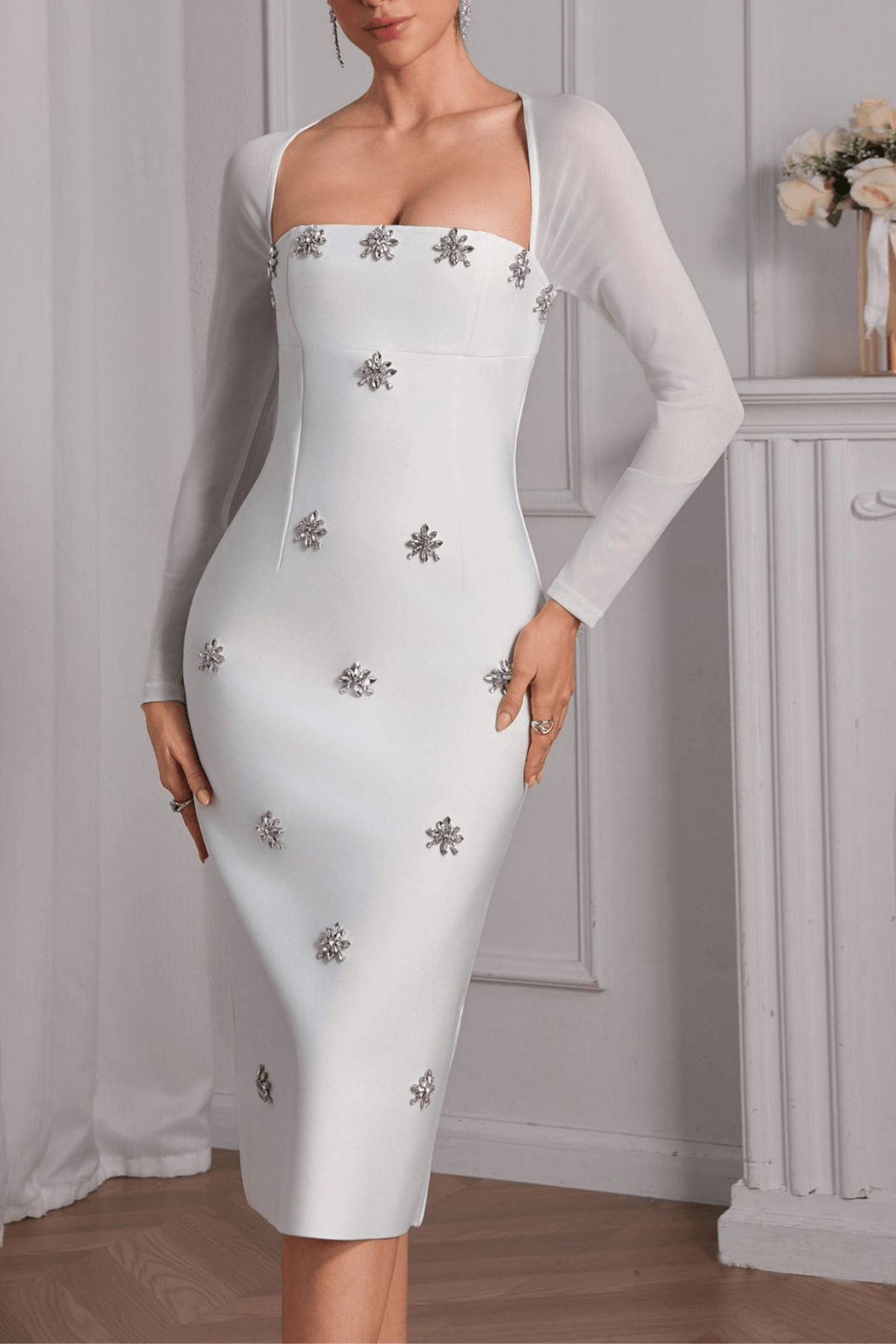 Erica Sheer Long Sleeve Beaded Evening Dress Avalabel