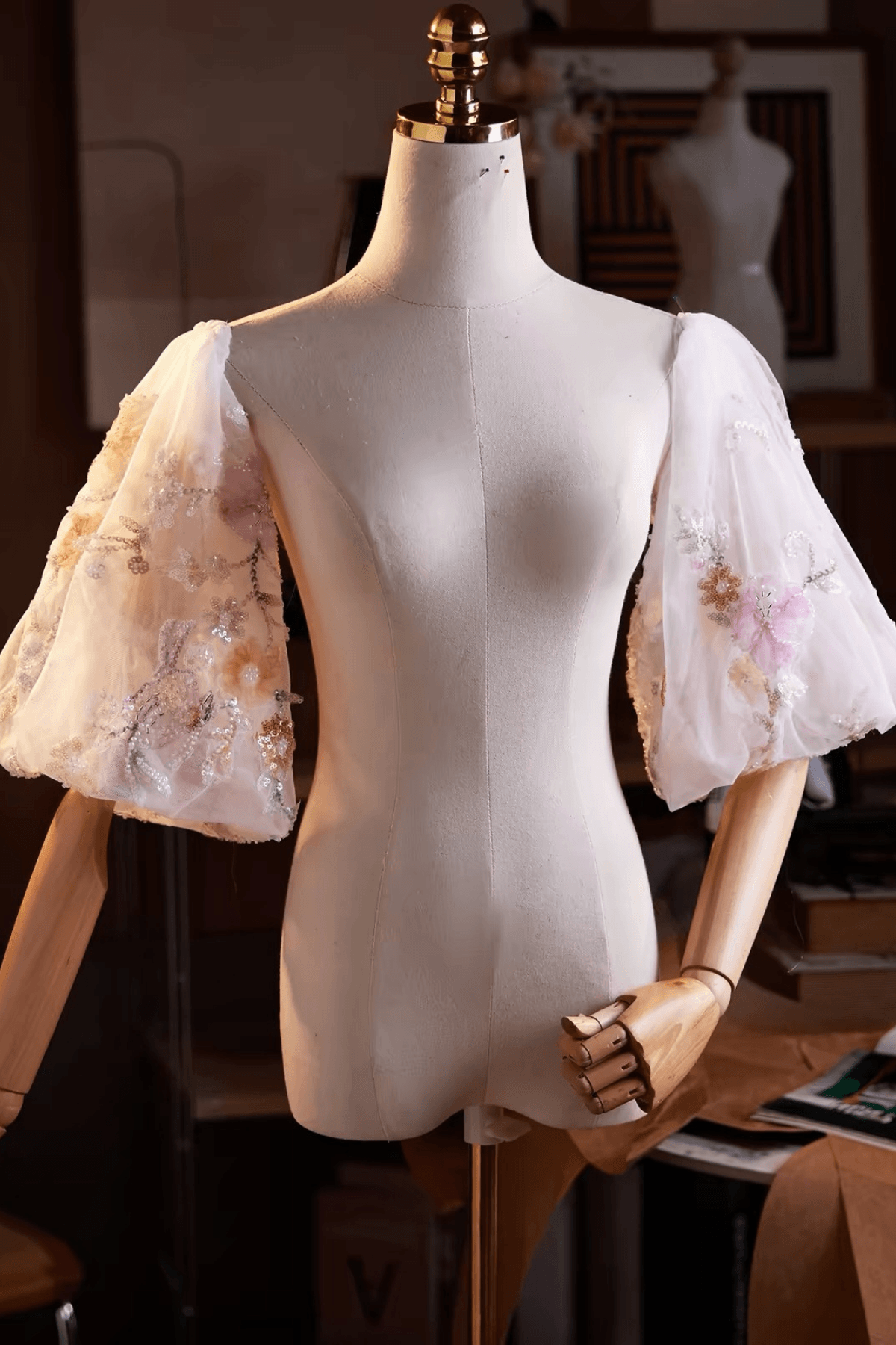 Floral Beaded Sequin Sheer Tulle Puff Sleeves Avalabel