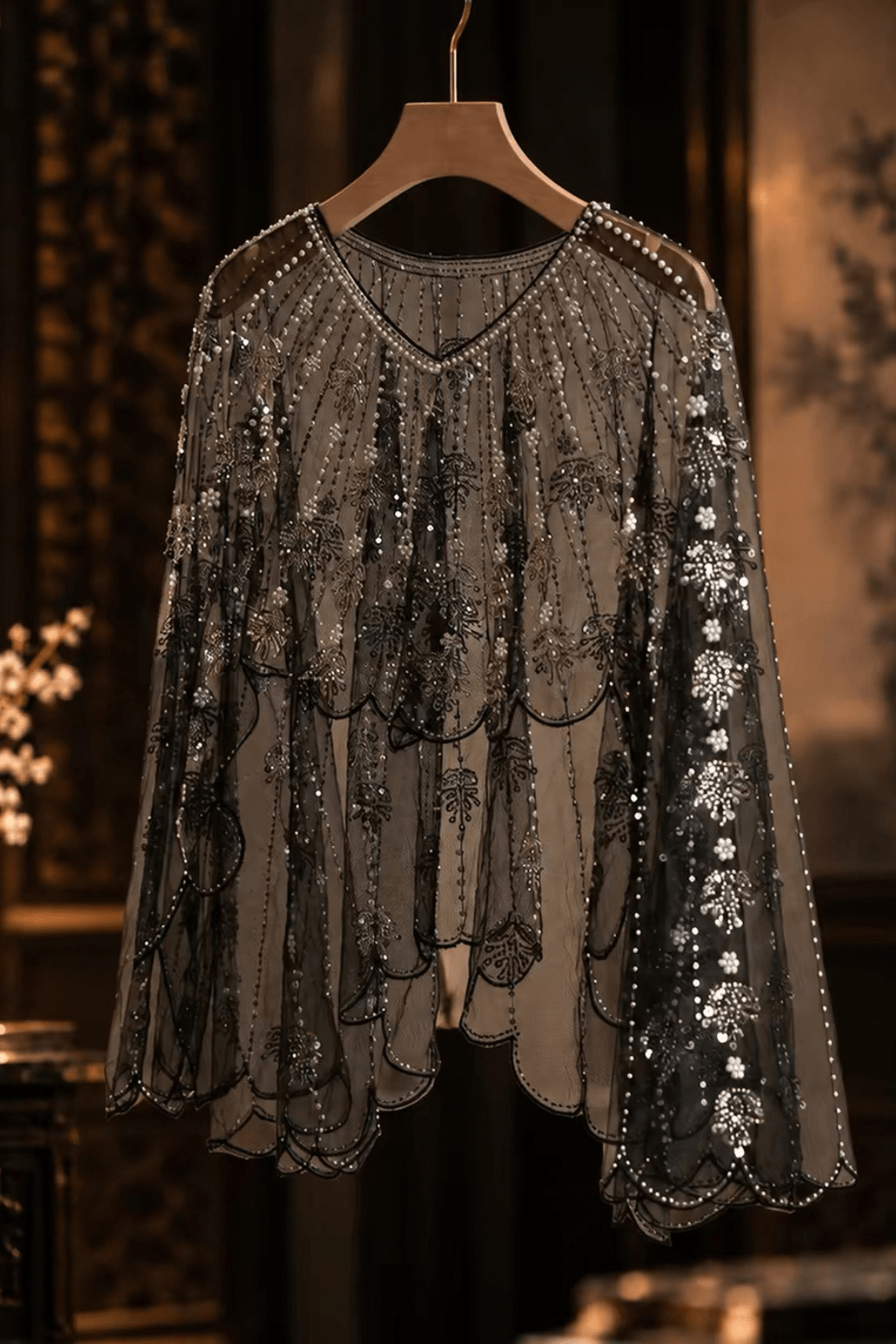 Beaded Sheer Mesh Scalloped Shawl Avalabel