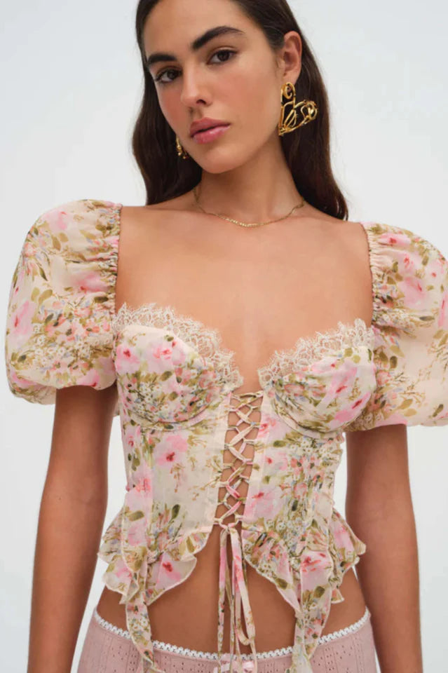 Pink Tie-Drape Chiffon Shirt with Ruffled Puff Sleeves Avalabel