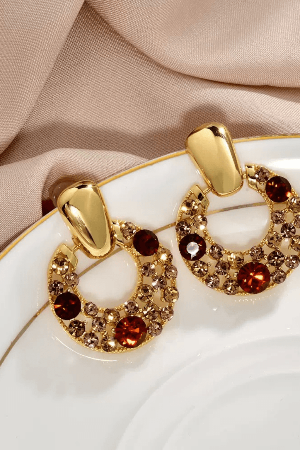 Gold Red Champagne Crystal Circle Drop Earrings Avalabel