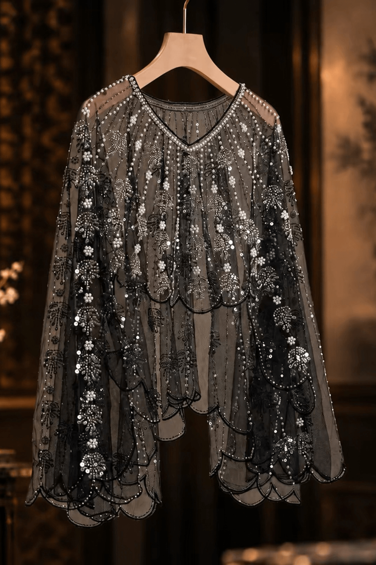Beaded Sheer Mesh Scalloped Shawl Avalabel