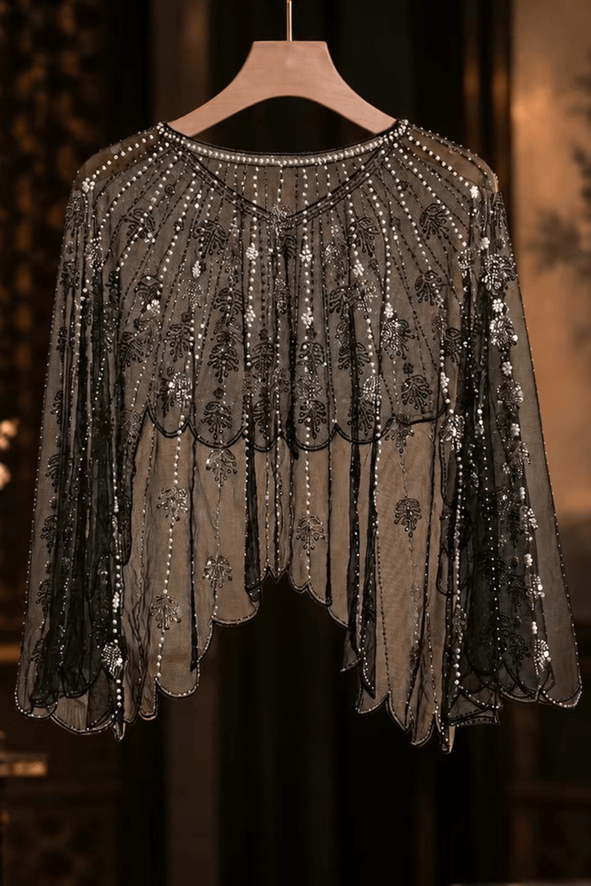 Beaded Sheer Mesh Scalloped Shawl Avalabel