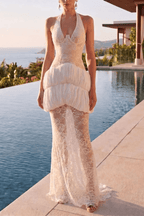 Fiora White Halter Lace Mermaid Dress Avalabel