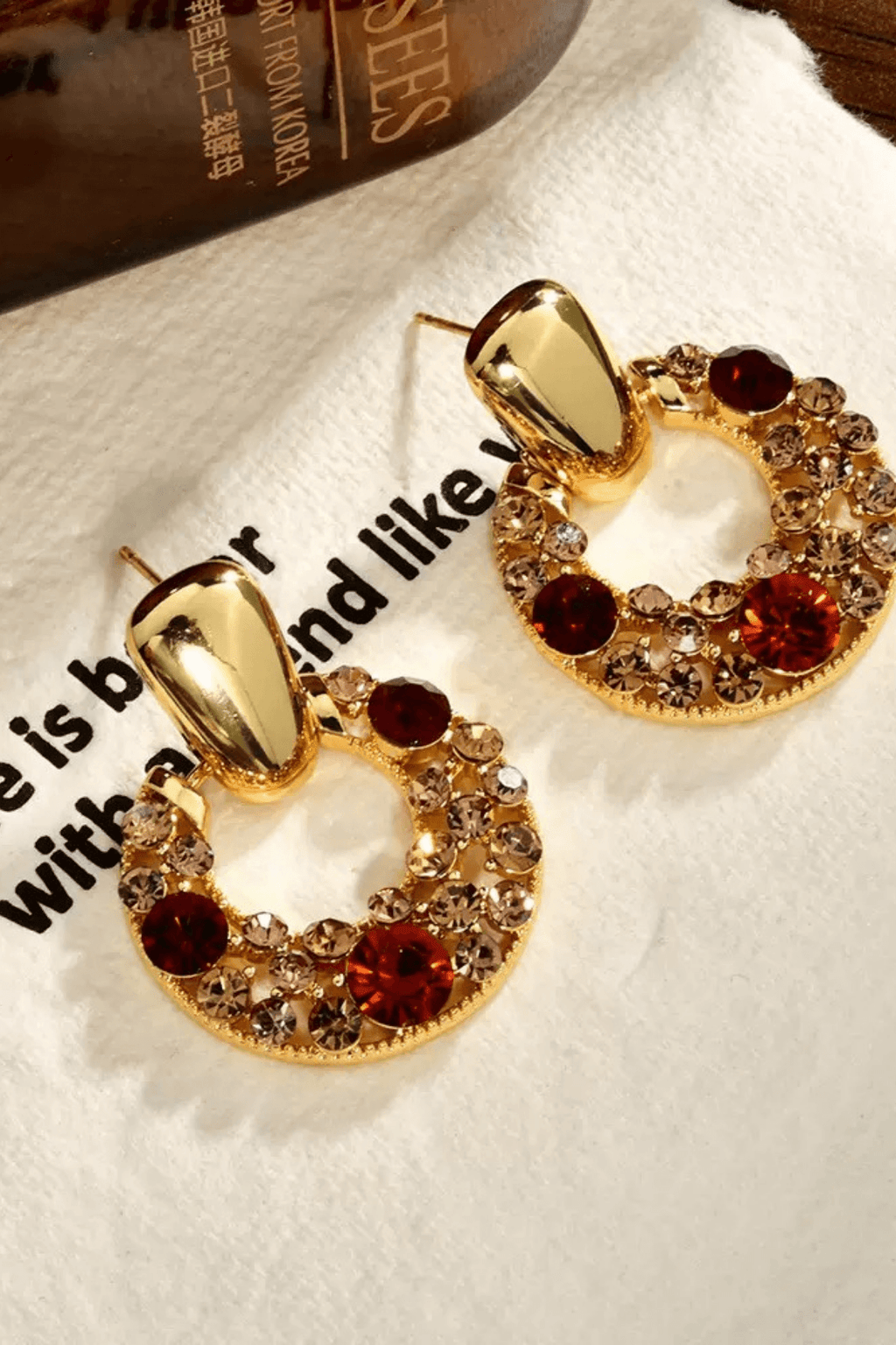 Gold Red Champagne Crystal Circle Drop Earrings Avalabel