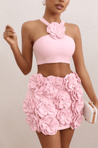 Ella Pink Floral Embellished Crop Top Two Piece Dress Avalabel