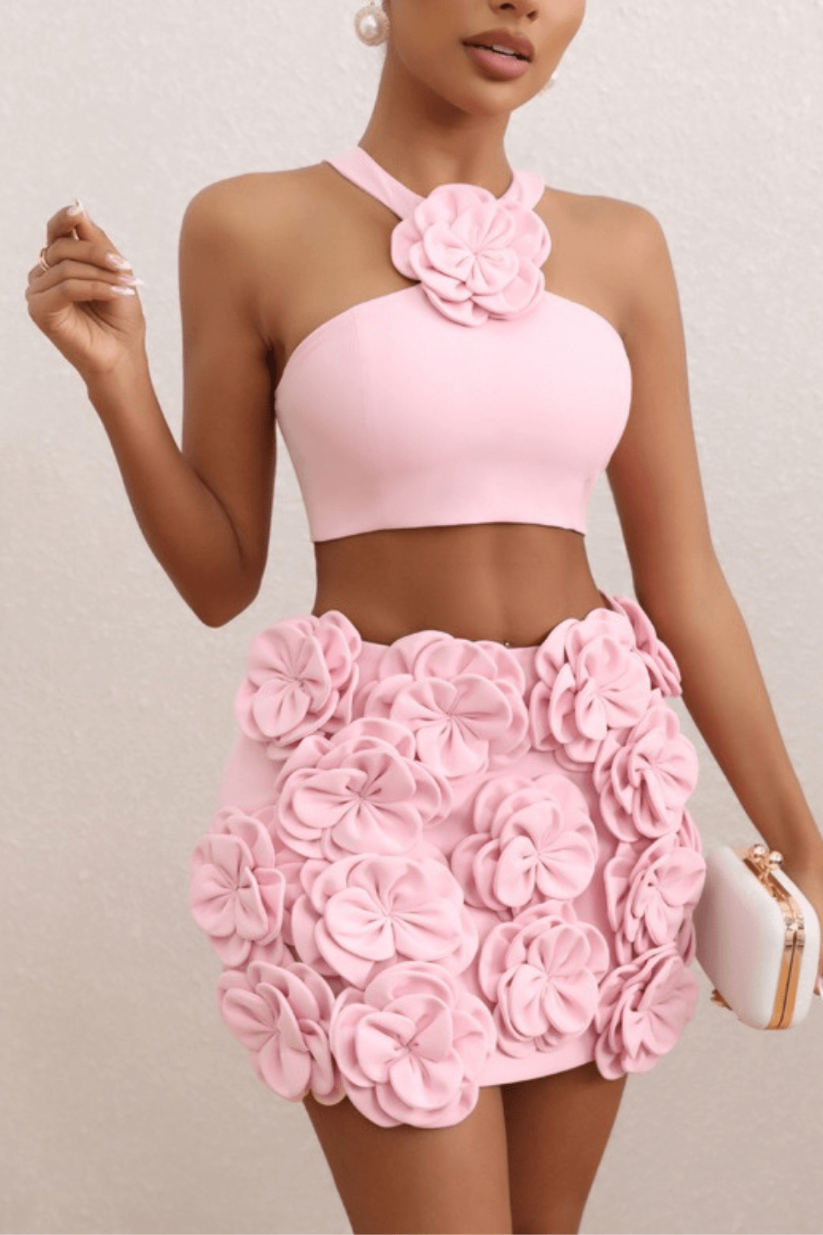 Ella Pink Floral Embellished Crop Top Two Piece Dress Avalabel