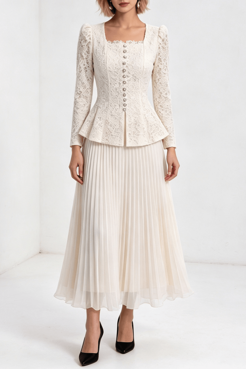 Lucy Lace Top and Pleated Skirt Two Piece Set Avalabel