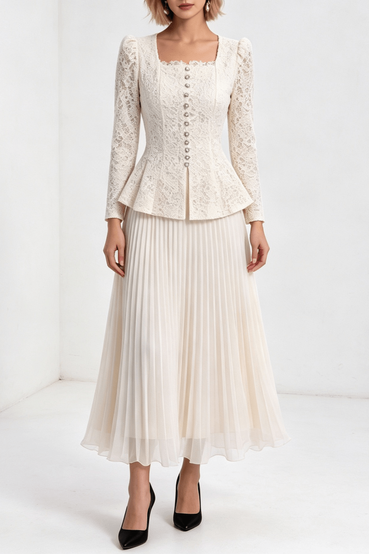 Lucy Lace Top and Pleated Skirt Two Piece Set Avalabel