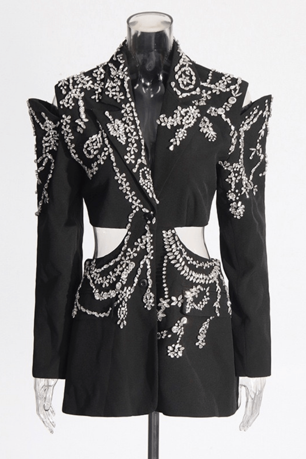 Daria Black Cutout Rhinestone Embellished Blazer Avalabel
