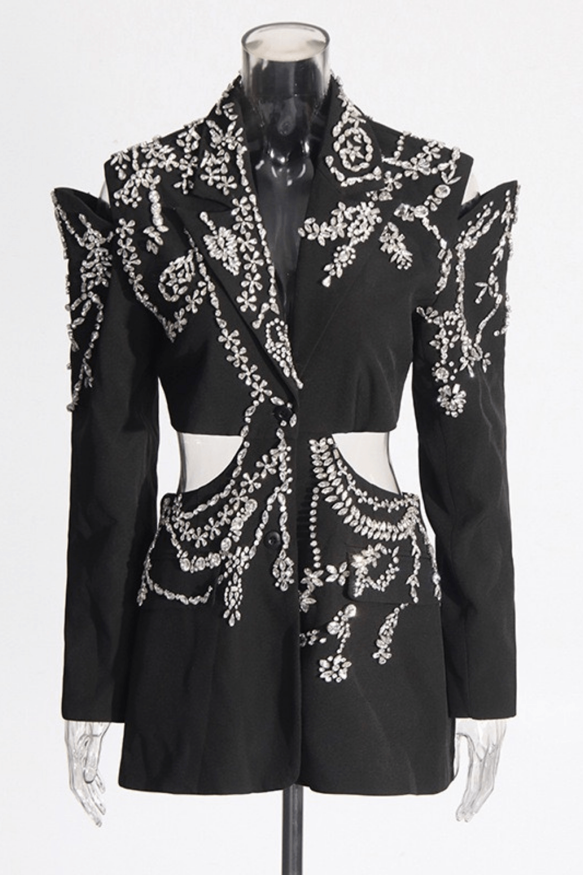 Daria Black Cutout Rhinestone Embellished Blazer Avalabel