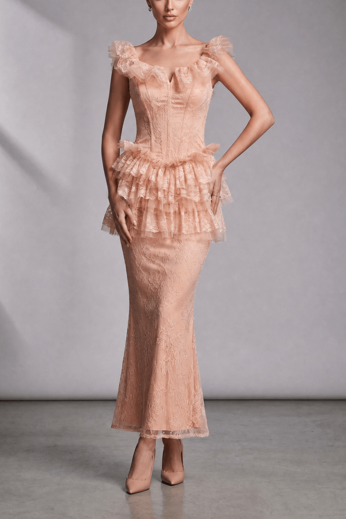 Bella Pink Lace Ruffle Corset Mermaid Dress Avalabel