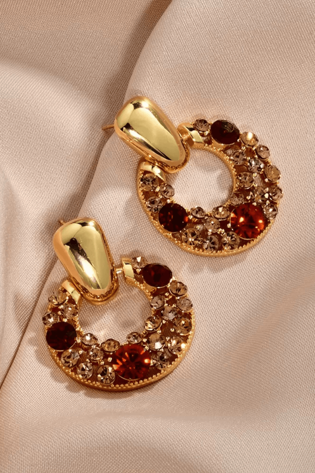 Gold Red Champagne Crystal Circle Drop Earrings Avalabel