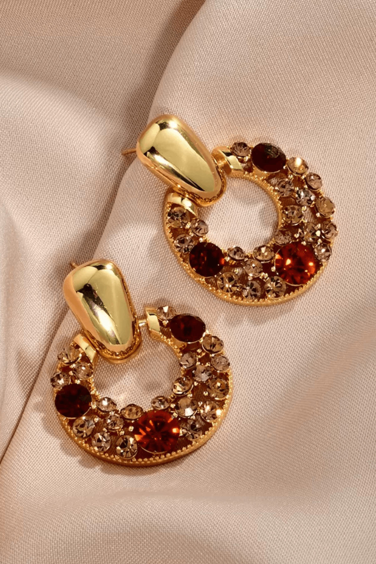 Gold Red Champagne Crystal Circle Drop Earrings Avalabel