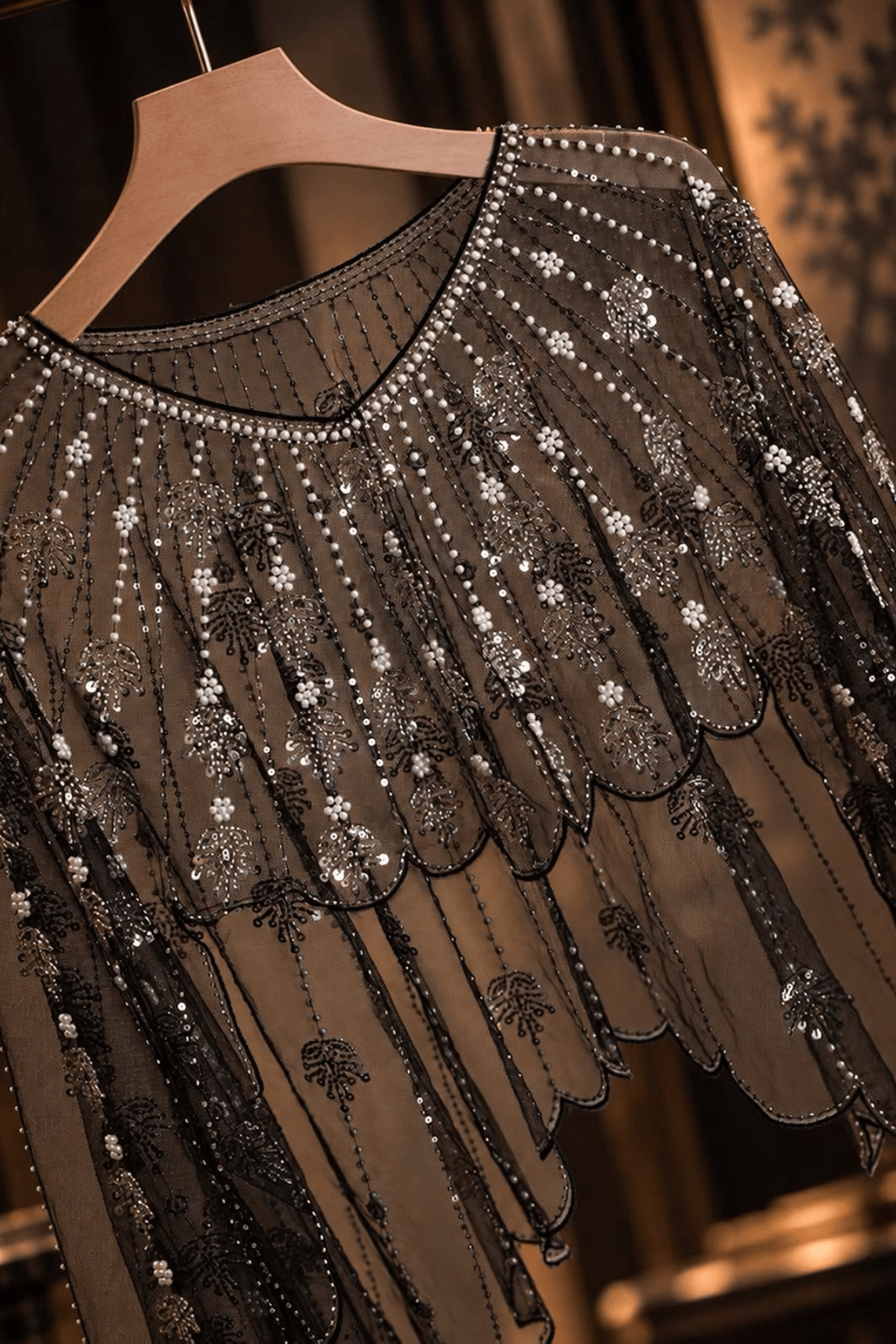 Beaded Sheer Mesh Scalloped Shawl Avalabel