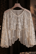 Champagne Beaded Sheer Mesh Scalloped Shawl Avalabel