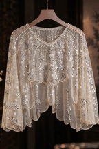 Champagne Beaded Sheer Mesh Scalloped Shawl Avalabel