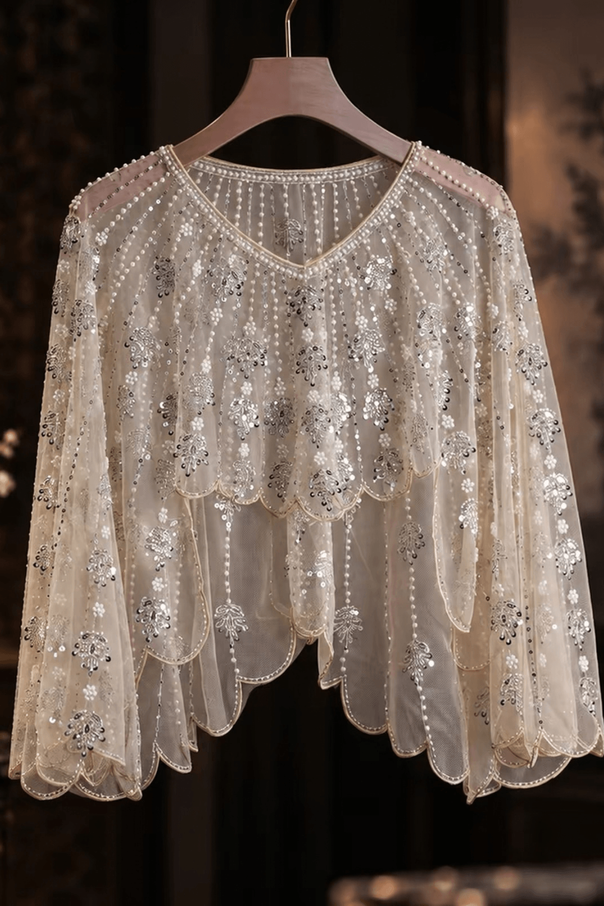 Champagne Beaded Sheer Mesh Scalloped Shawl Avalabel