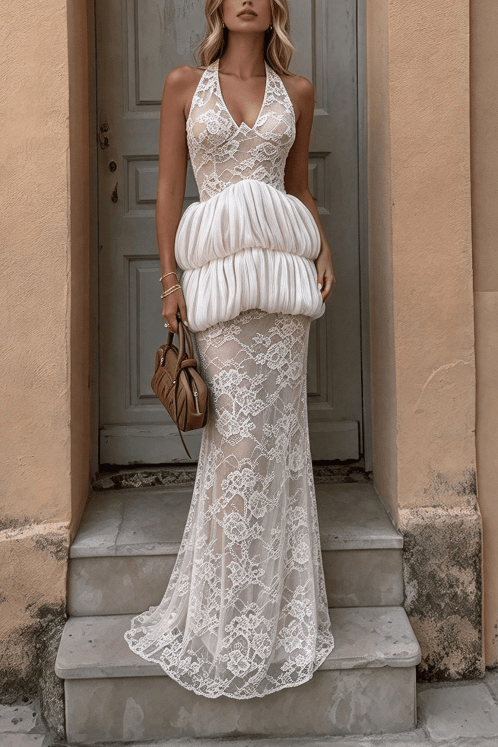 Fiora White Halter Lace Mermaid Dress Avalabel