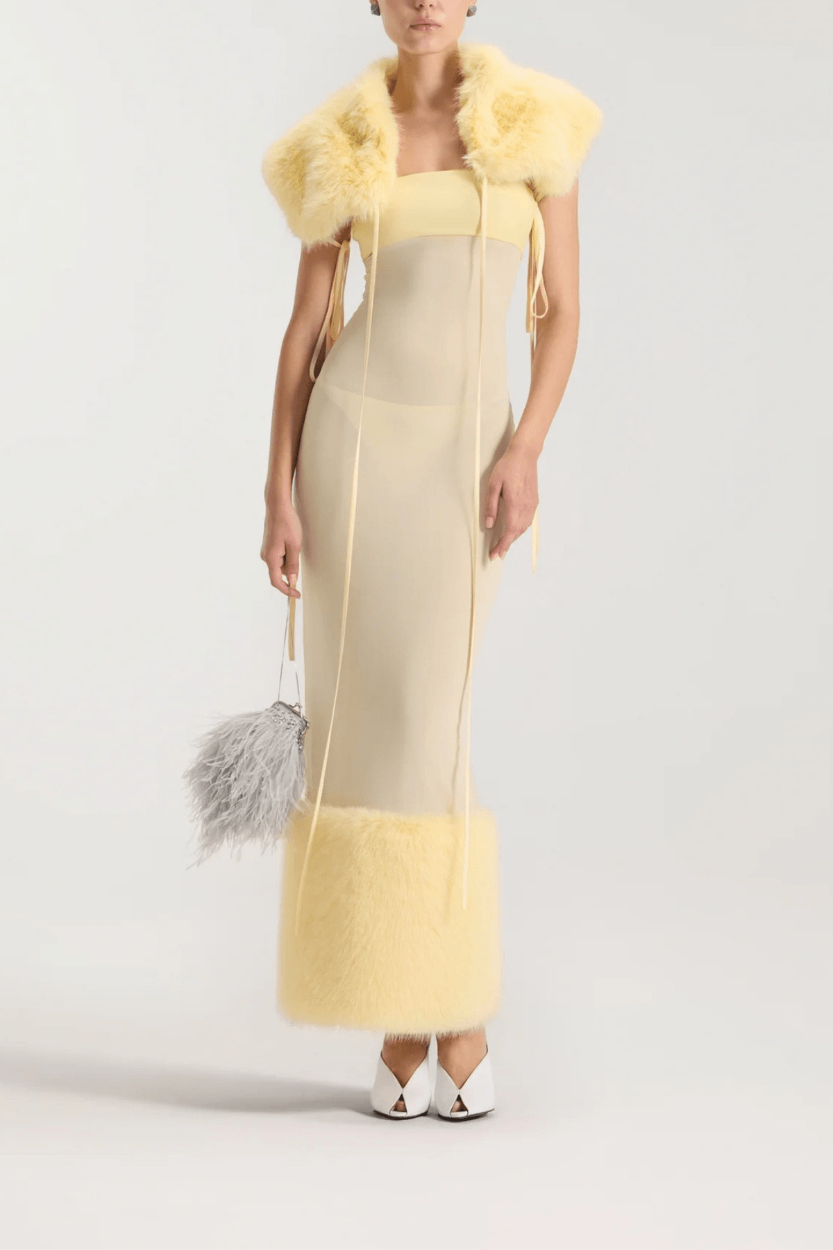 Yellow Sheer Mesh Maxi Dress with Faux Fur Trim Avalabel