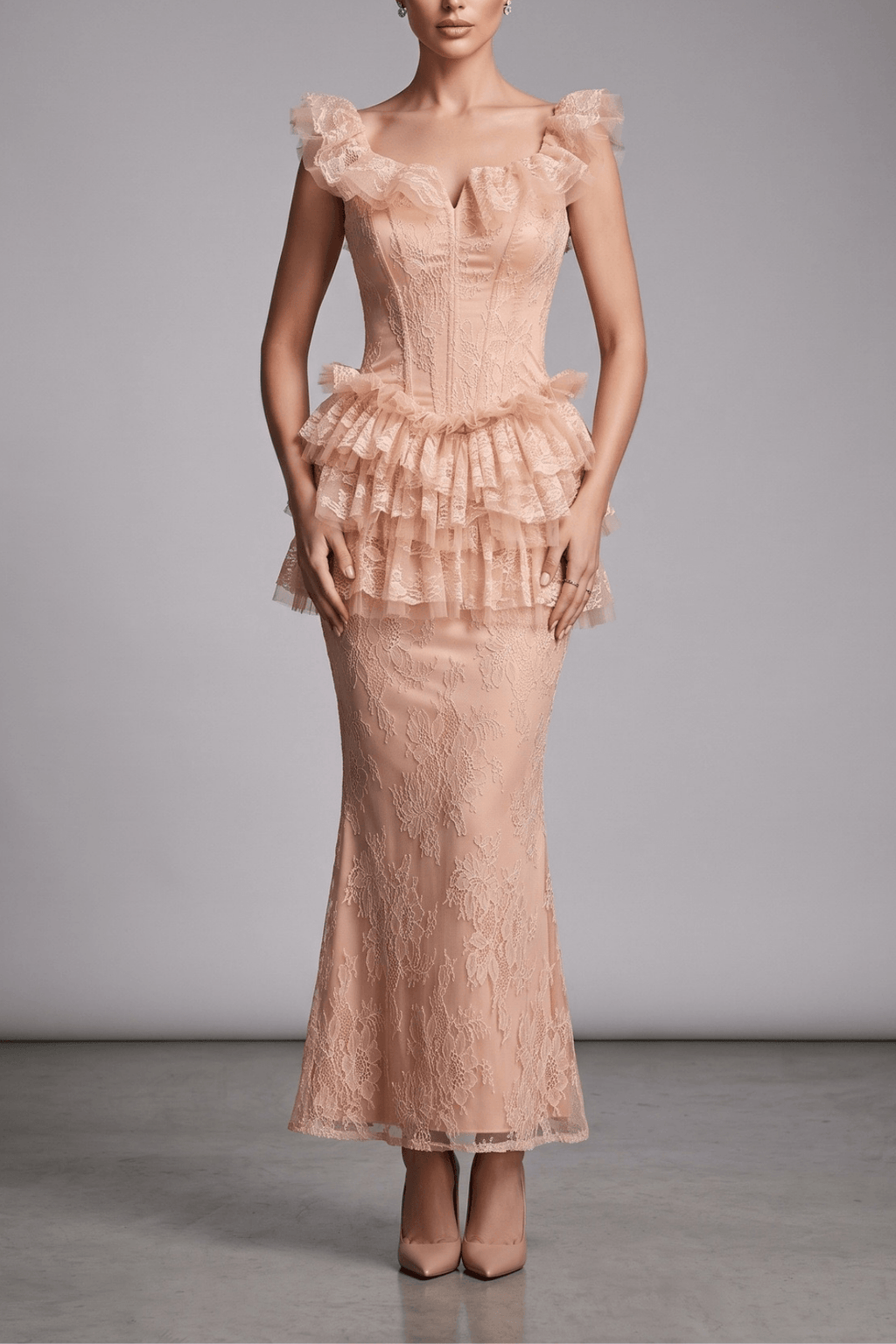 Bella Pink Lace Ruffle Corset Mermaid Dress Avalabel