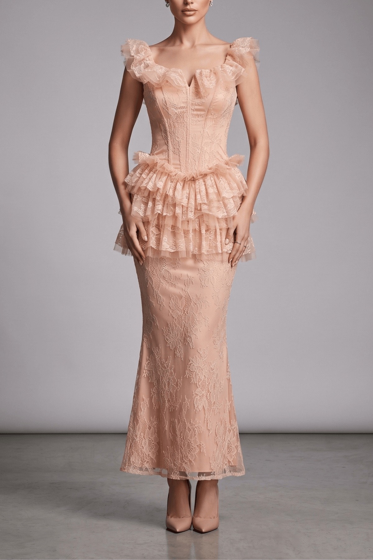 Bella Pink Lace Ruffle Corset Mermaid Dress Avalabel