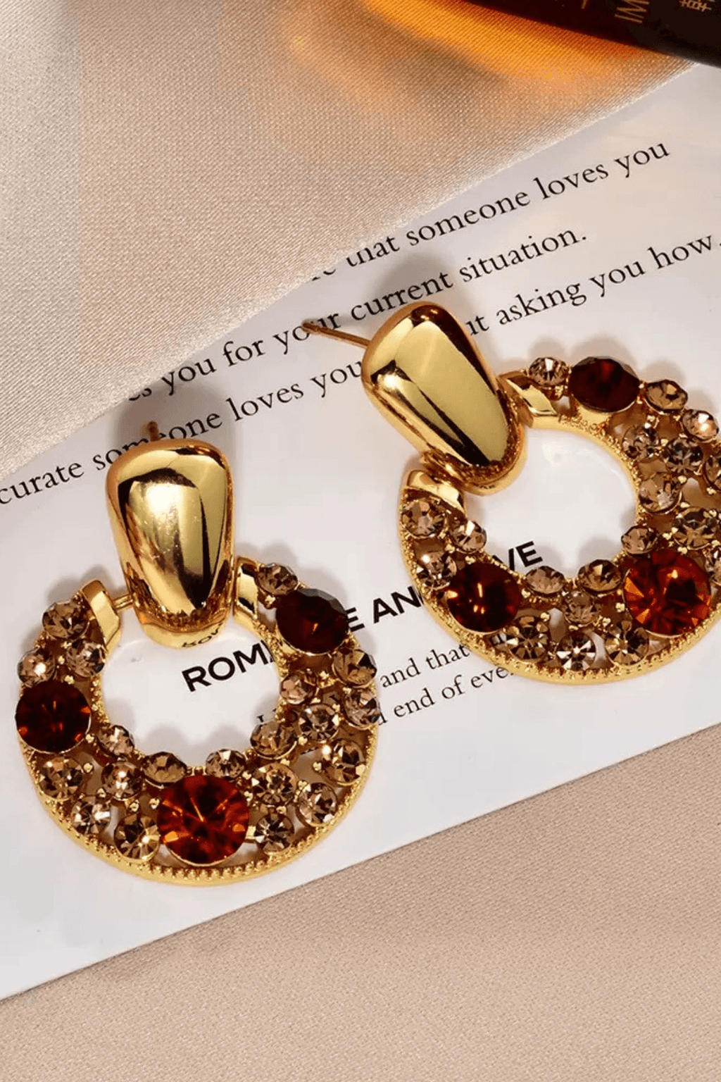 Gold Red Champagne Crystal Circle Drop Earrings Avalabel