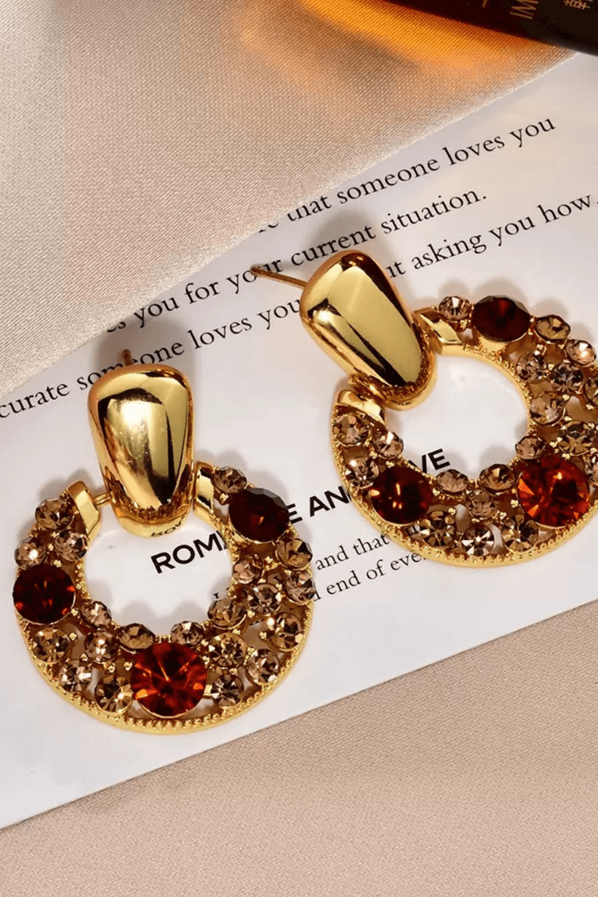 Gold Red Champagne Crystal Circle Drop Earrings Avalabel