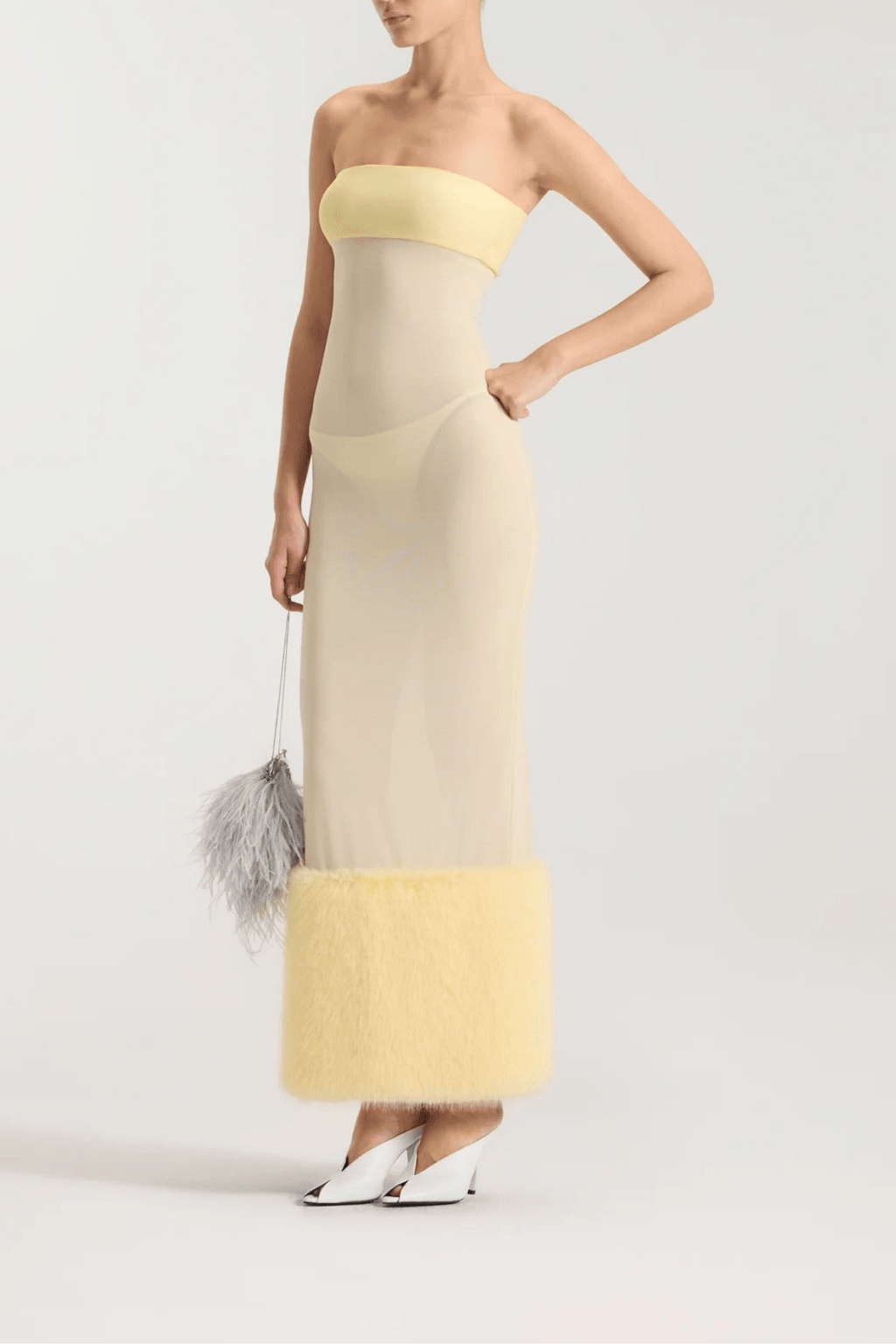 Yellow Sheer Mesh Maxi Dress with Faux Fur Trim Avalabel