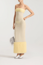 Yellow Sheer Mesh Maxi Dress with Faux Fur Trim Avalabel