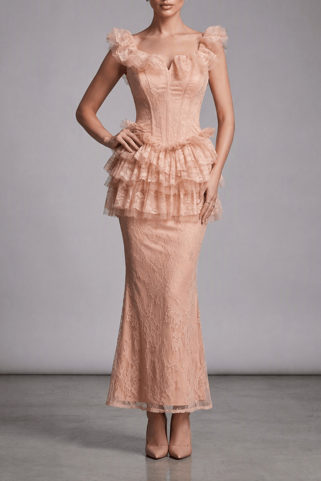 Bella Pink Lace Ruffle Corset Mermaid Dress Avalabel