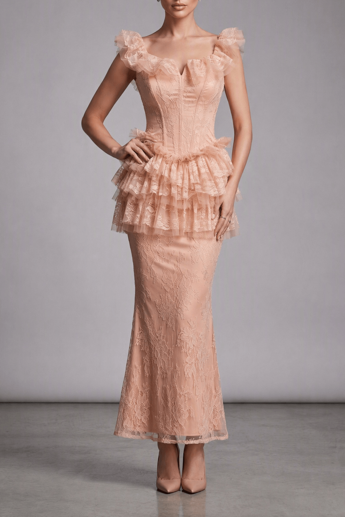 Bella Pink Lace Ruffle Corset Mermaid Dress Avalabel