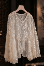 Champagne Beaded Sheer Mesh Scalloped Shawl Avalabel