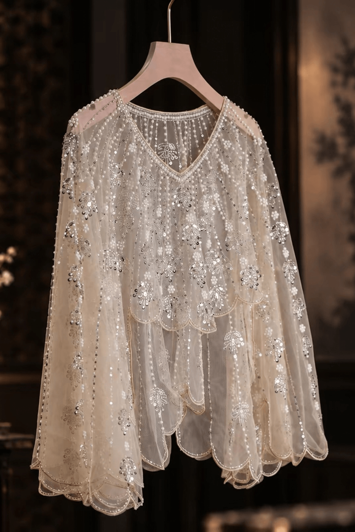 Champagne Beaded Sheer Mesh Scalloped Shawl Avalabel