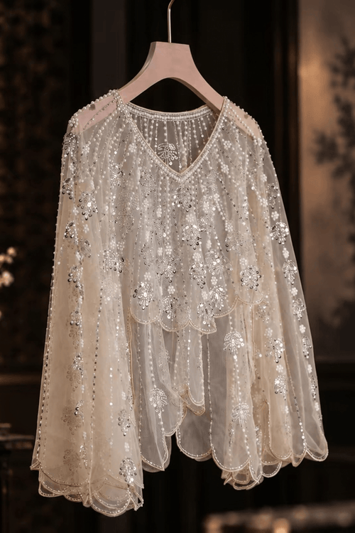Champagne Beaded Sheer Mesh Scalloped Shawl Avalabel