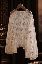 Champagne Beaded Sheer Mesh Scalloped Shawl Avalabel