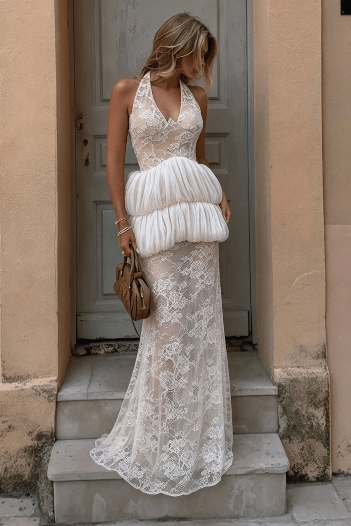 Fiora White Halter Lace Mermaid Dress Avalabel