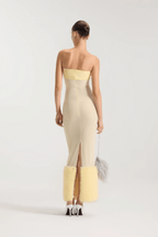 Yellow Sheer Mesh Maxi Dress with Faux Fur Trim Avalabel