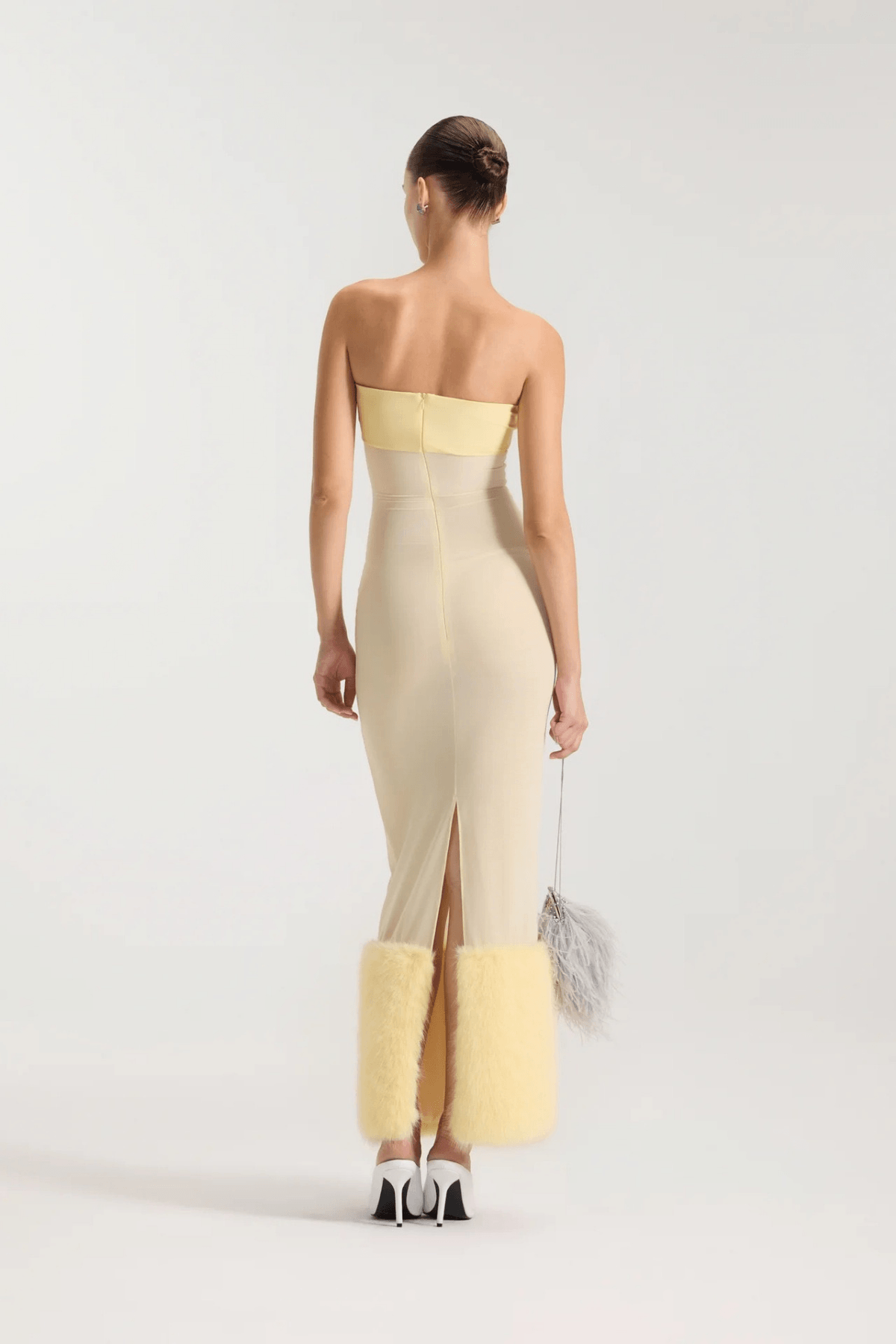 Yellow Sheer Mesh Maxi Dress with Faux Fur Trim Avalabel