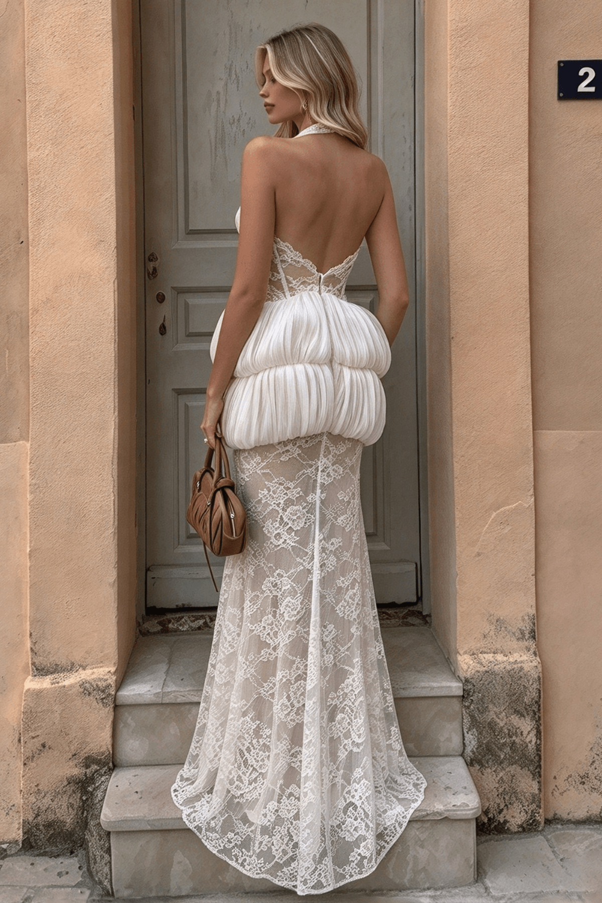 Fiora White Halter Lace Mermaid Dress Avalabel