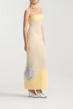Yellow Sheer Mesh Maxi Dress with Faux Fur Trim Avalabel