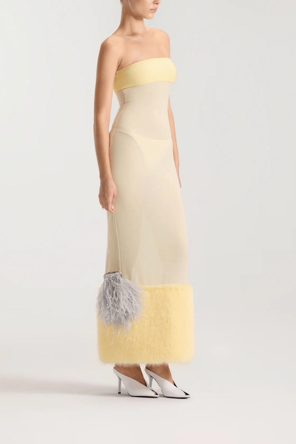 Yellow Sheer Mesh Maxi Dress with Faux Fur Trim Avalabel