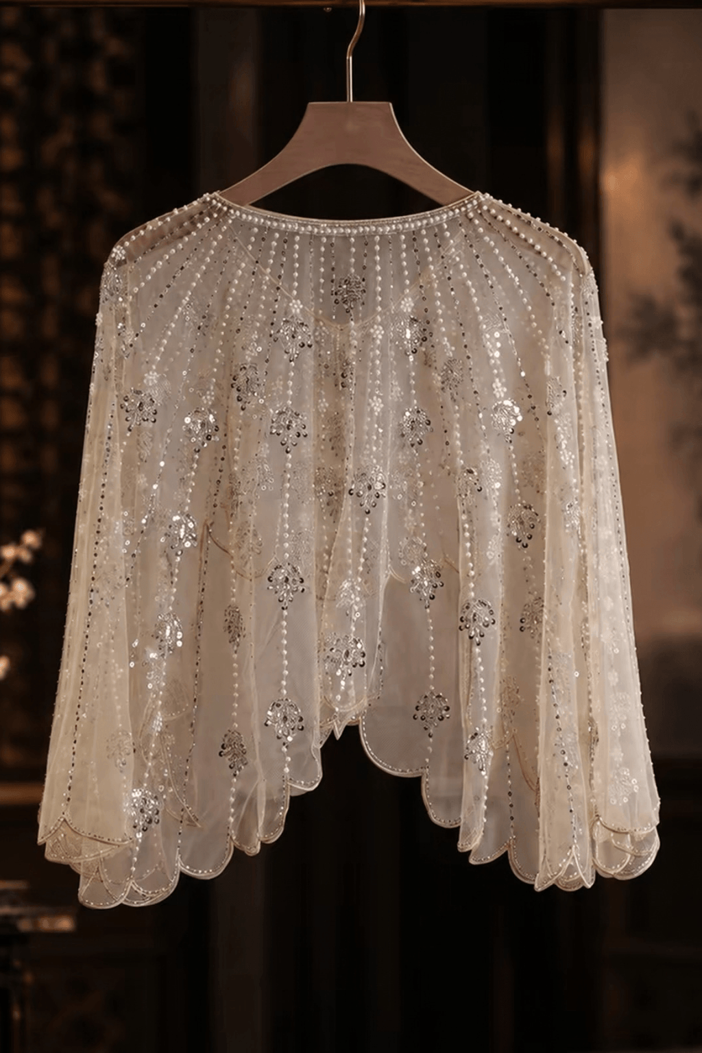 Champagne Beaded Sheer Mesh Scalloped Shawl Avalabel