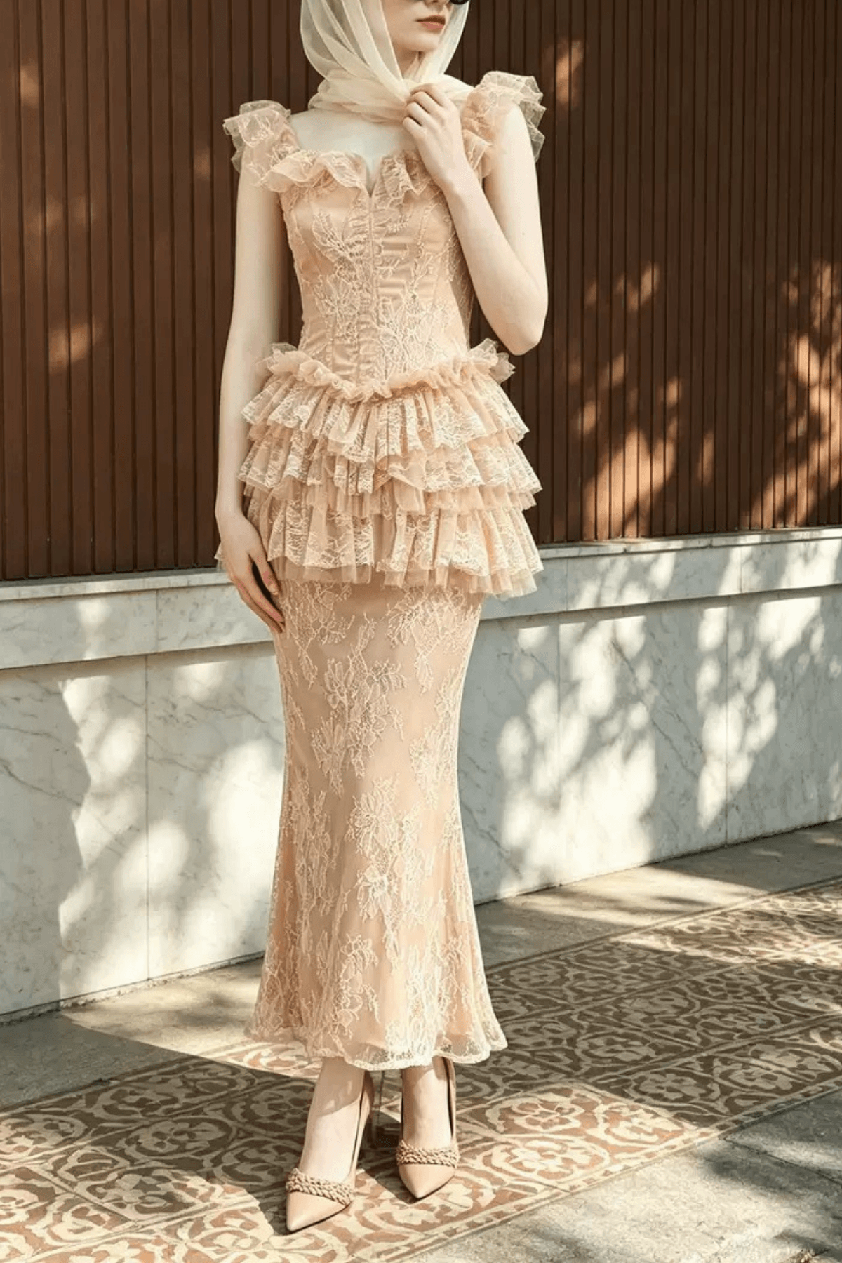 Bella Pink Lace Ruffle Corset Mermaid Dress Avalabel
