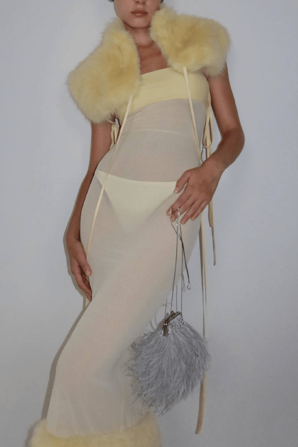 Yellow Sheer Mesh Maxi Dress with Faux Fur Trim Avalabel