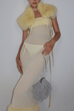 Yellow Sheer Mesh Maxi Dress with Faux Fur Trim Avalabel