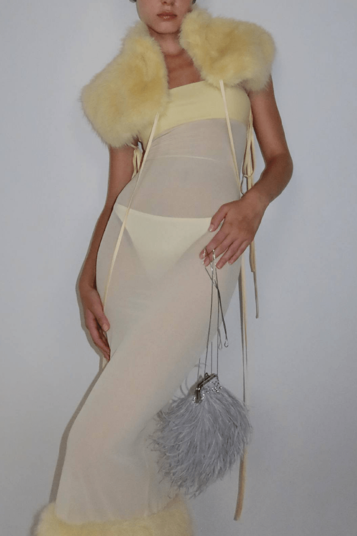 Yellow Sheer Mesh Maxi Dress with Faux Fur Trim Avalabel