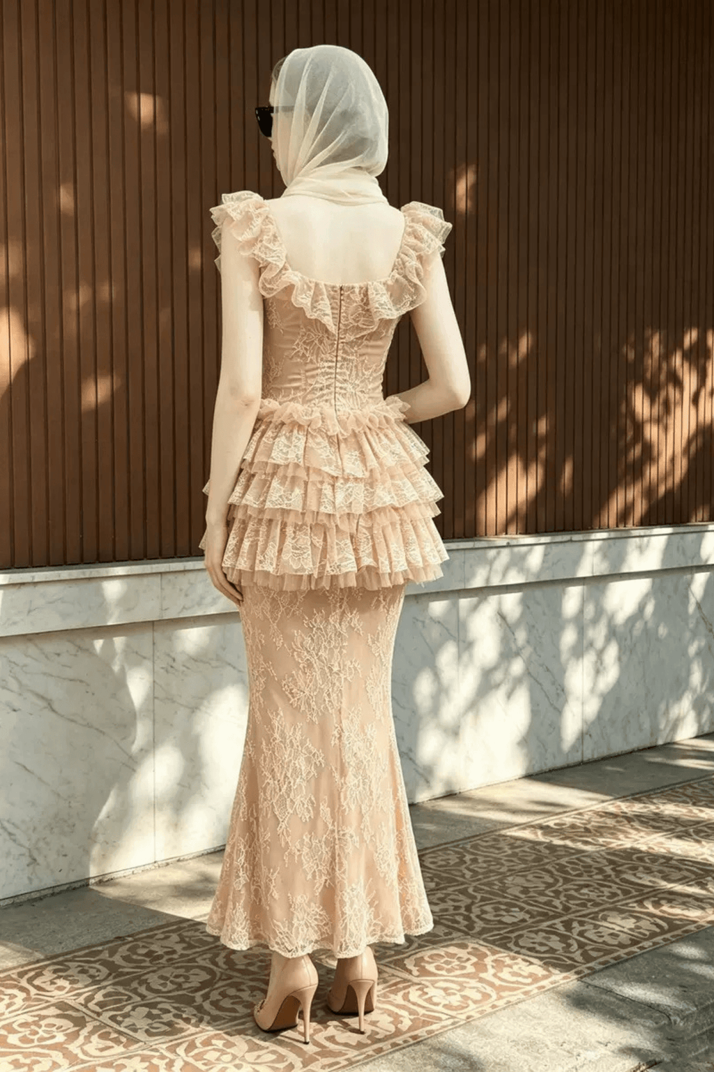 Bella Pink Lace Ruffle Corset Mermaid Dress Avalabel
