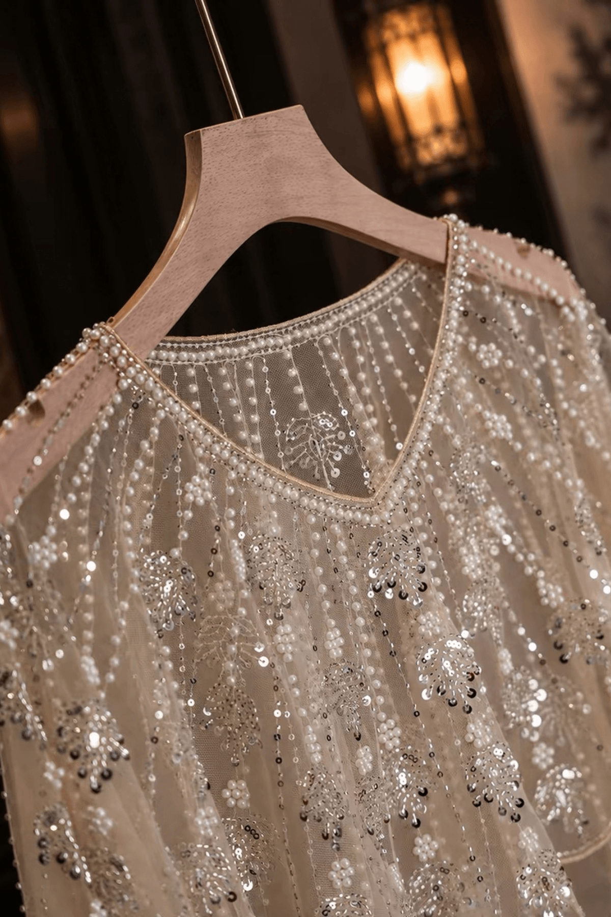 Champagne Beaded Sheer Mesh Scalloped Shawl Avalabel