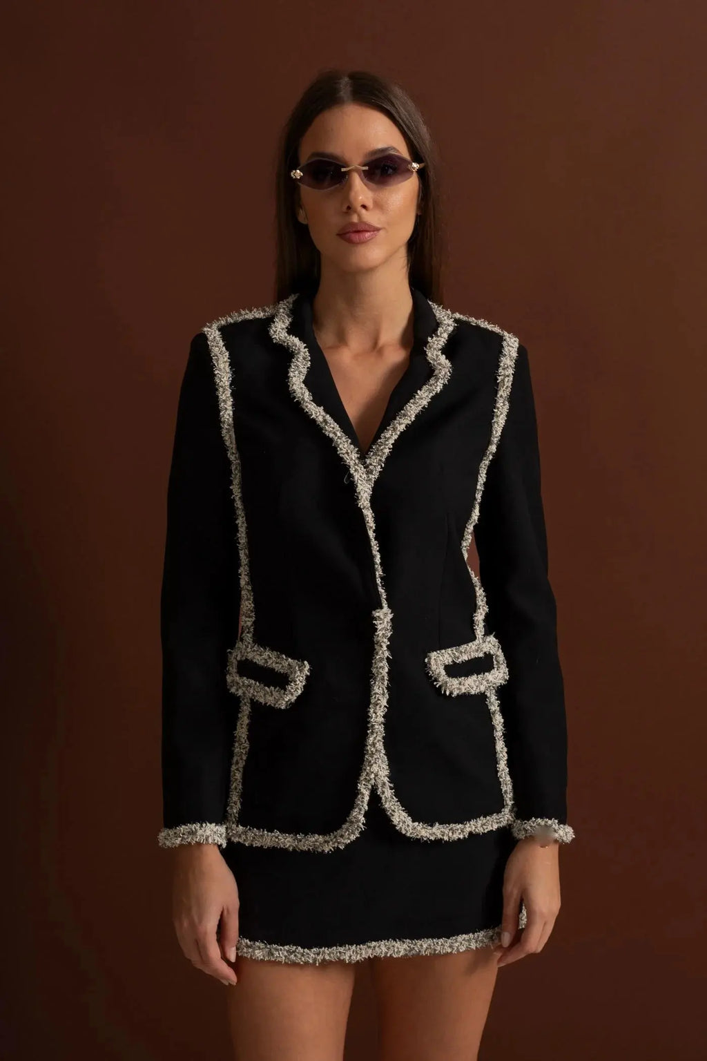 june Tweed Trim Blazer Matching Mini Skirt set - Black Avalabel